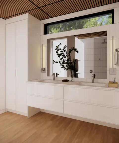 Render of the bathroom with a double vanity under a slatted timber ceiling.